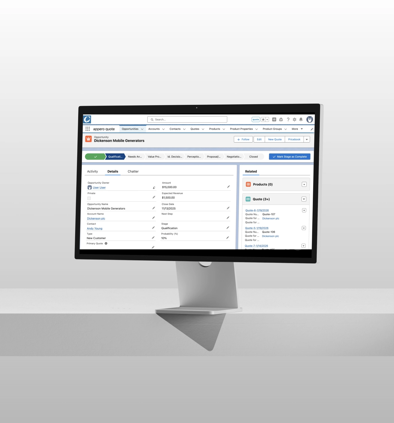 appero quote Editor open in Salesforce on a desktop monitor