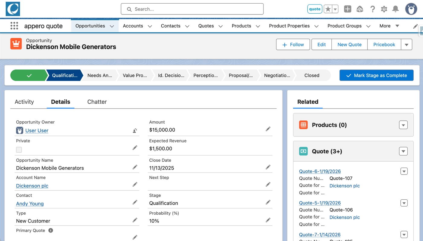 Salesforce Opportunity with the appero quote actions in place