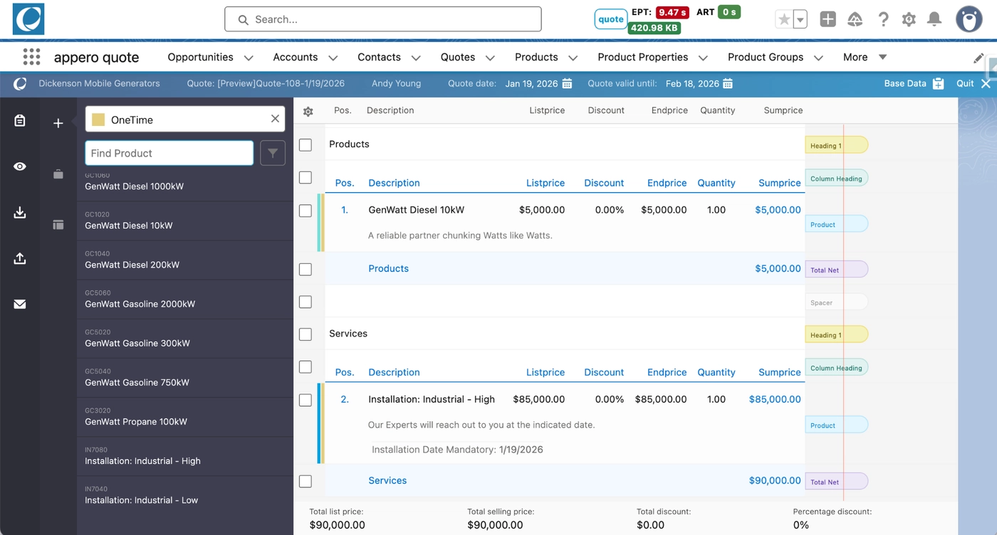 Product search inside the quote, filtering a large price book