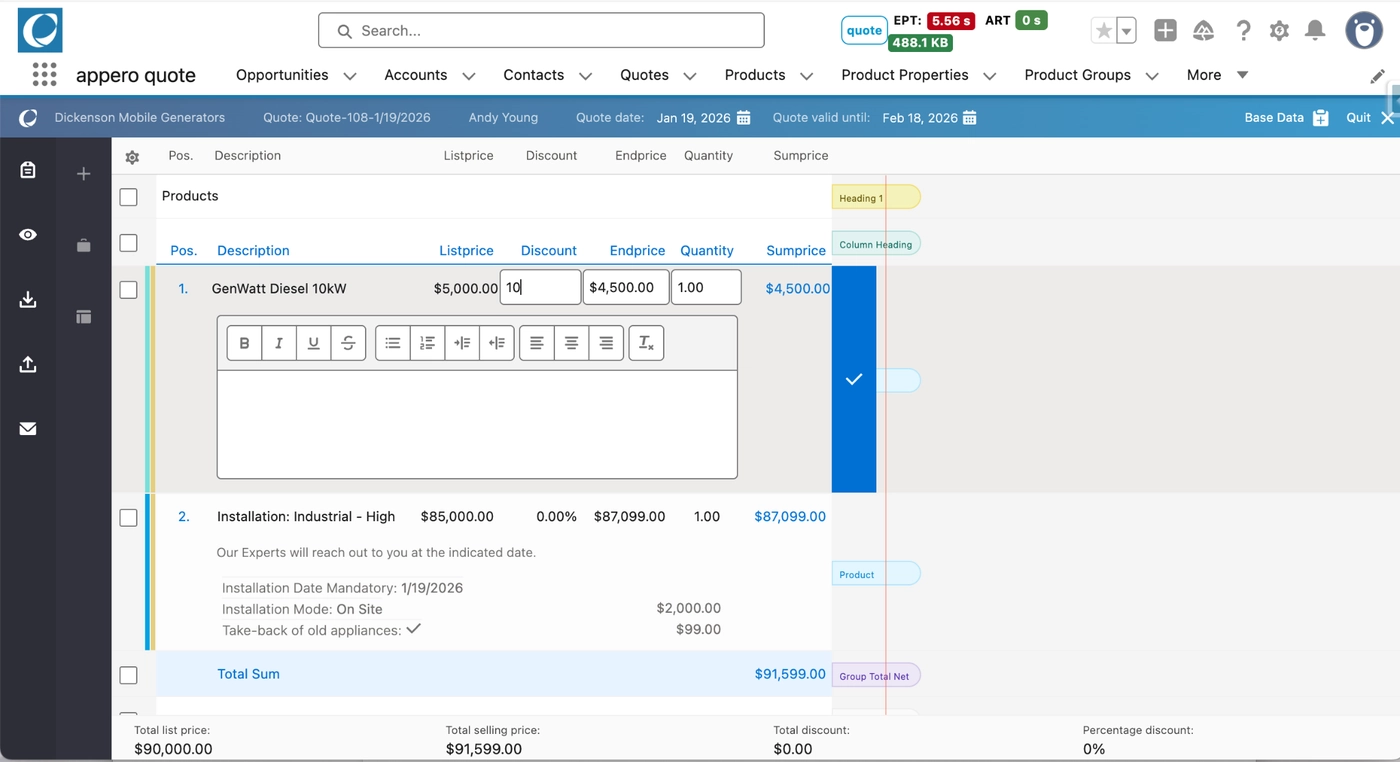 Inline editing of list price, discount and end price on a quote line