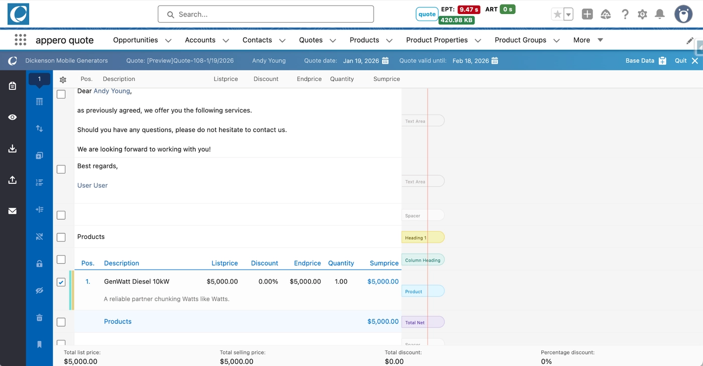 Quote Editor with the customer document in view while it is edited