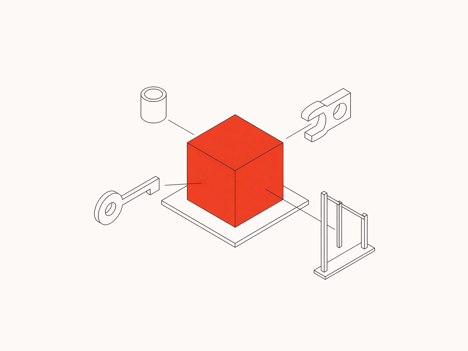 Illustration: a red agent unit being assembled from parts — memory, an access key, a tool and an autonomy gate