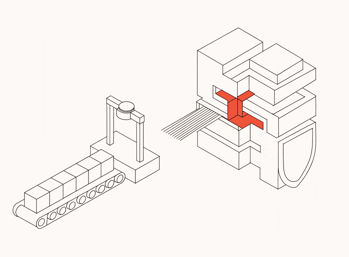 Illustration: routine blocks are processed automatically while a complex architecture stays with specialists