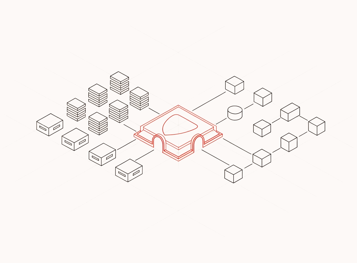 Illustration: company systems reach AI capabilities only through the governed NOVAlab layer