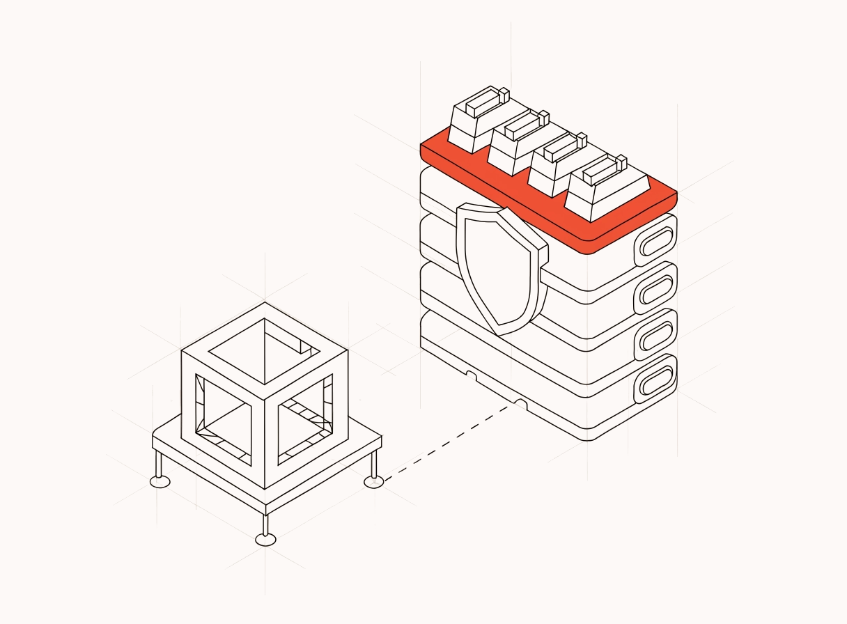 Illustration: a small prototype grows into a layered production platform with security, integrations and scale