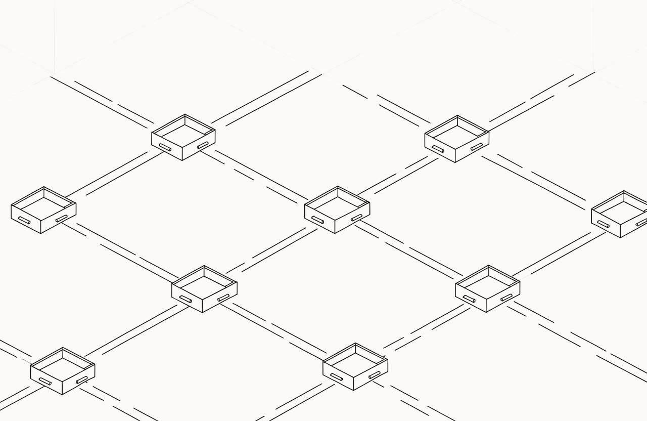 Illustration: separate tools scattered apart, connected by criss-crossing lines