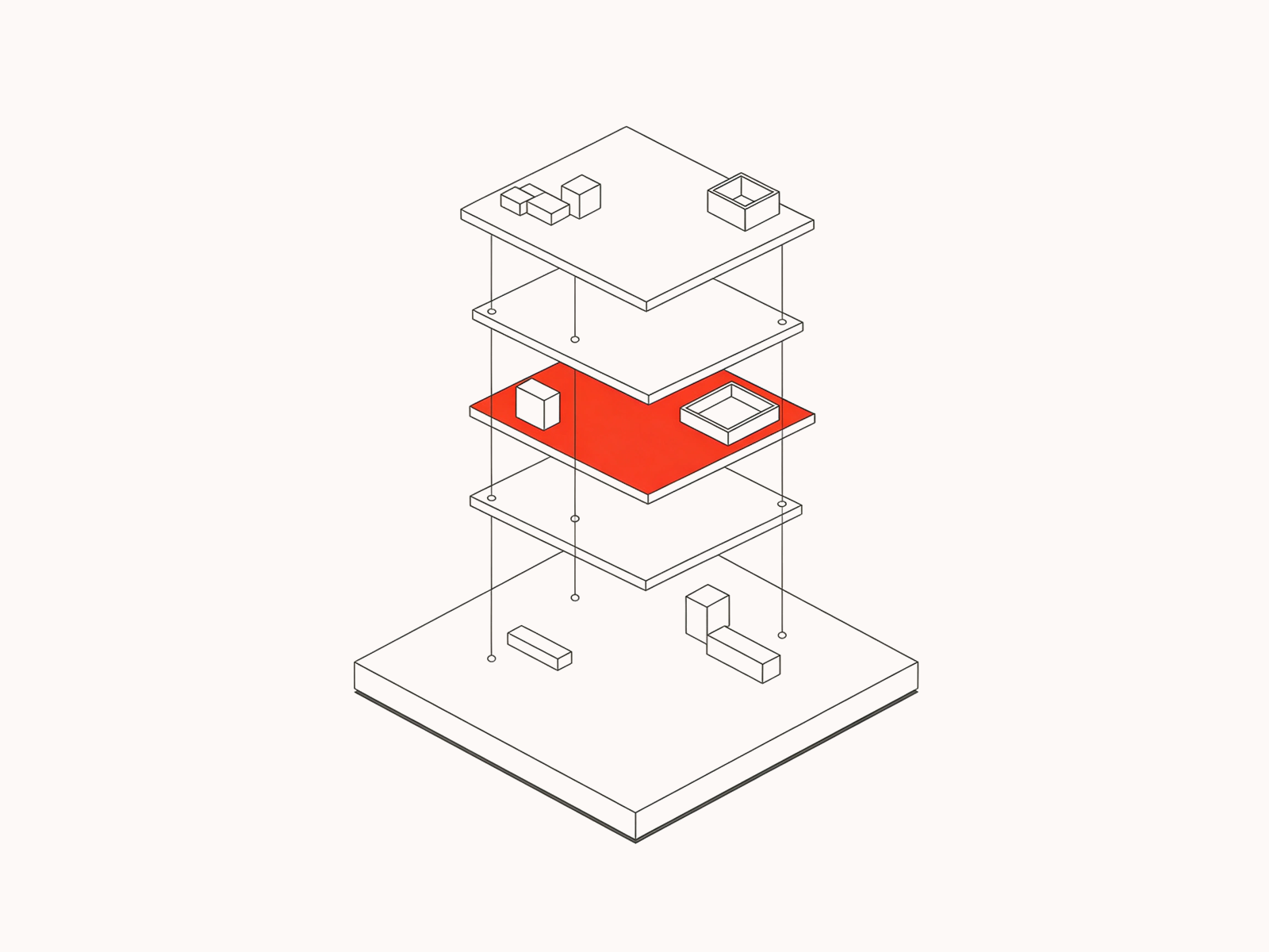 Illustration: four layers of project work stacked on one base and connected straight through