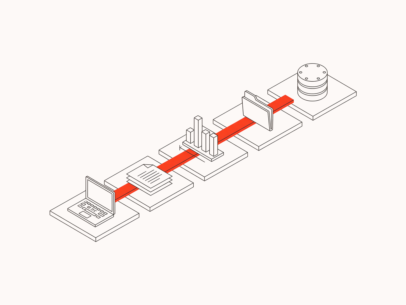 Illustration: a laptop, documents, a chart, a folder and a database standing apart, joined by one red bridge