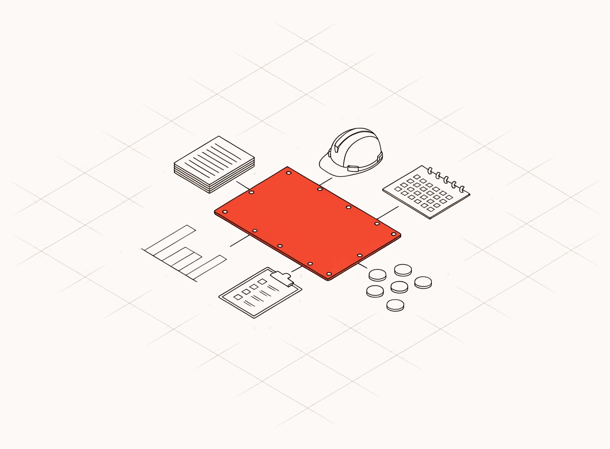 Illustration: documents, safety, schedule, budget and team connected to one WorkHub platform