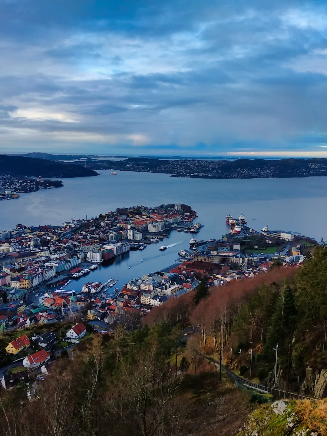 Bergen seen from above: the city, the harbour and the fjord under a heavy sky