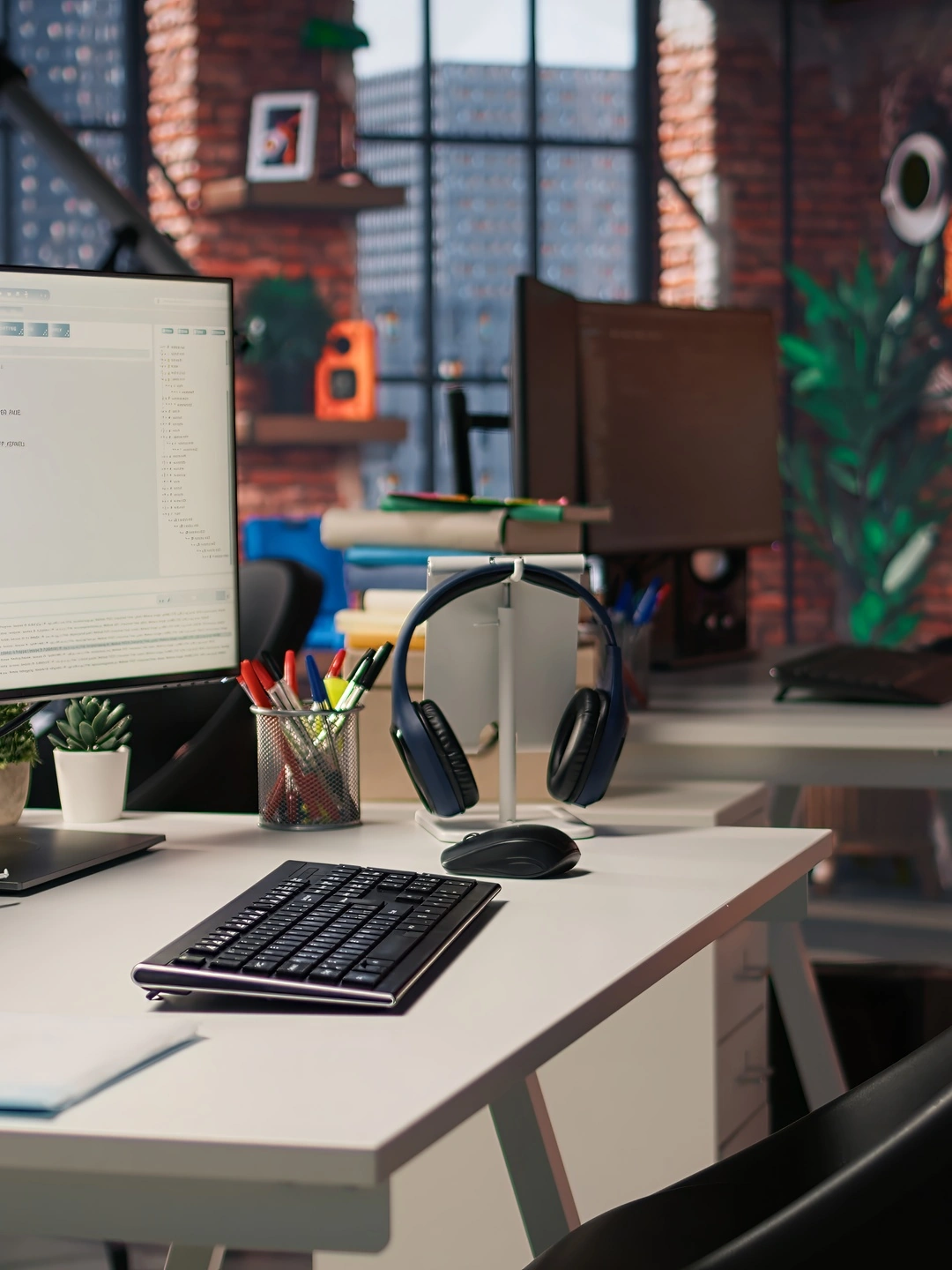 A developer workstation with two monitors showing code, in a quiet office