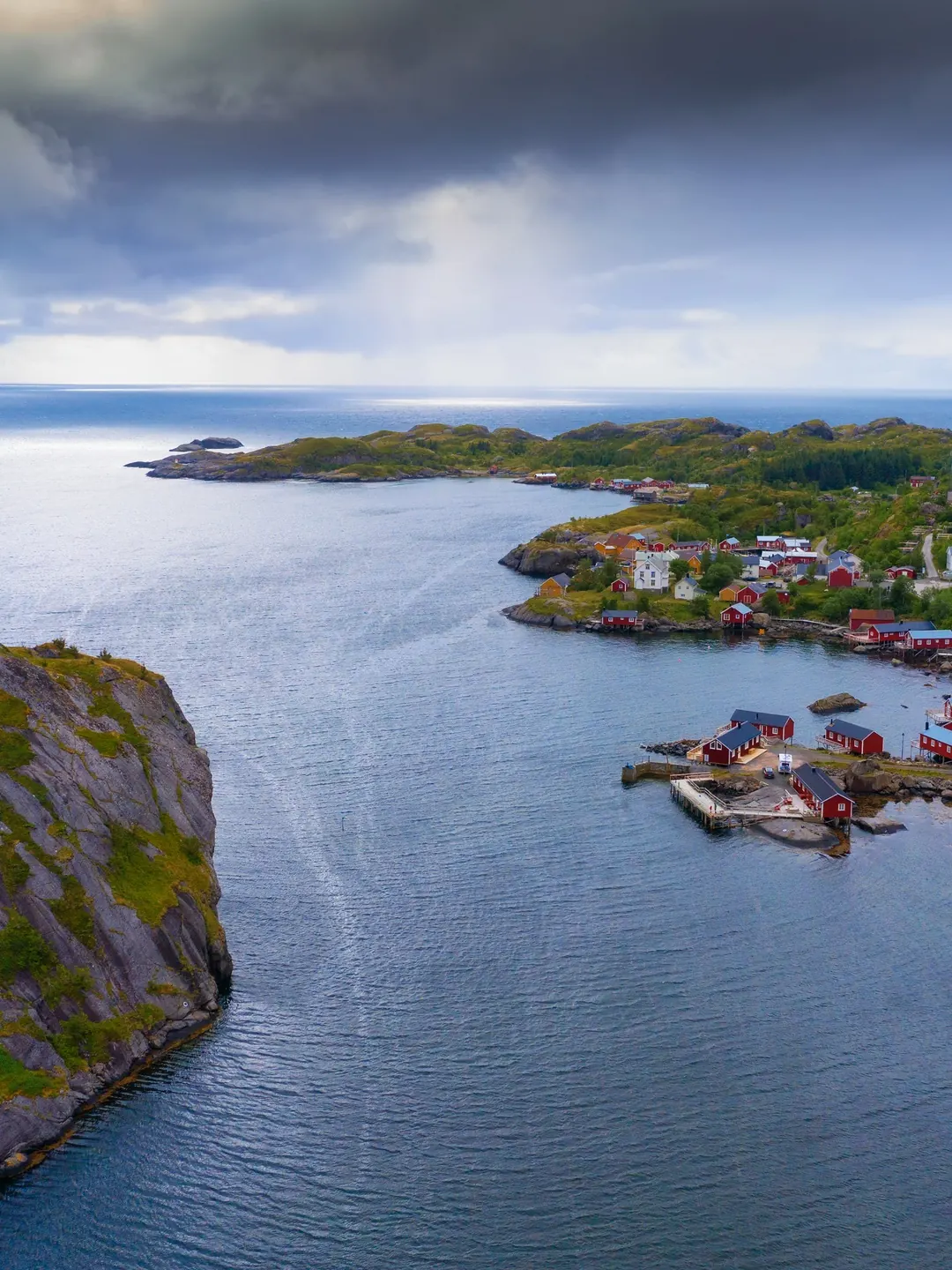 The fishing village of Nusfjord in the Lofoten Islands, Norway, seen from the cliffs above
